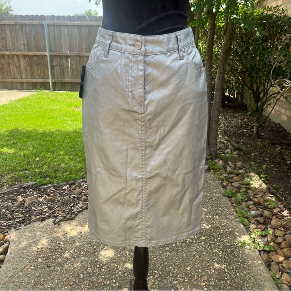 Vintage Metallic Pencil Skirt Midi Silver Women Sz 4 - Picture 2 of 9